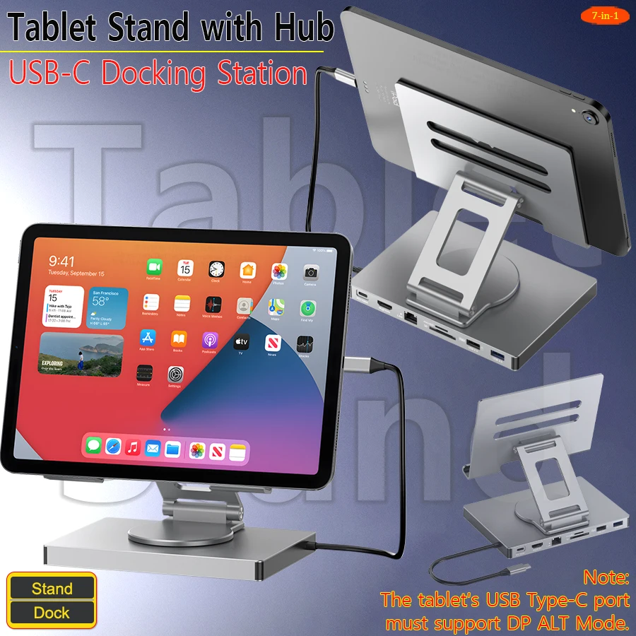 Aluminum foldable/rotating Tablet Stand with Docking Station for iPad,7-in-1 ipad hub stand with HDM,RJ45,PD 100W,USB,SD/TF Slot
Aluminum foldable/rotating Tablet Stand with Docking Station for iPad,7-in-1 ipad hub stand with HDM,RJ45,PD 100W,USB,SD/TF Slot