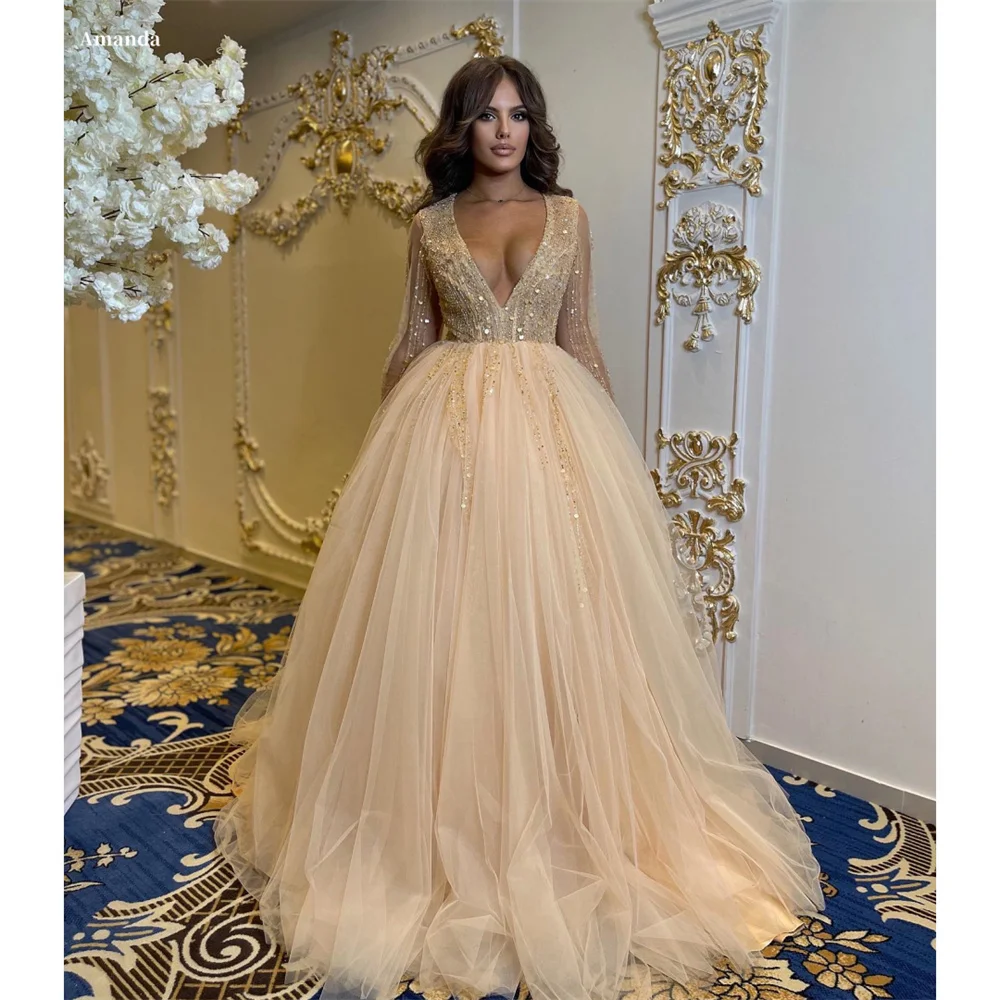 Amanda Champagne V-neck Beaded Prom Gown A-line Long Sleeves Evening Formal Elegant Multilayer Floor-length Party Dresses 2024
Amanda Champagne V-neck Beaded Prom Gown A-line Long Sleeves Evening Formal Elegant Multilayer Floor-length Party Dresses 2024
