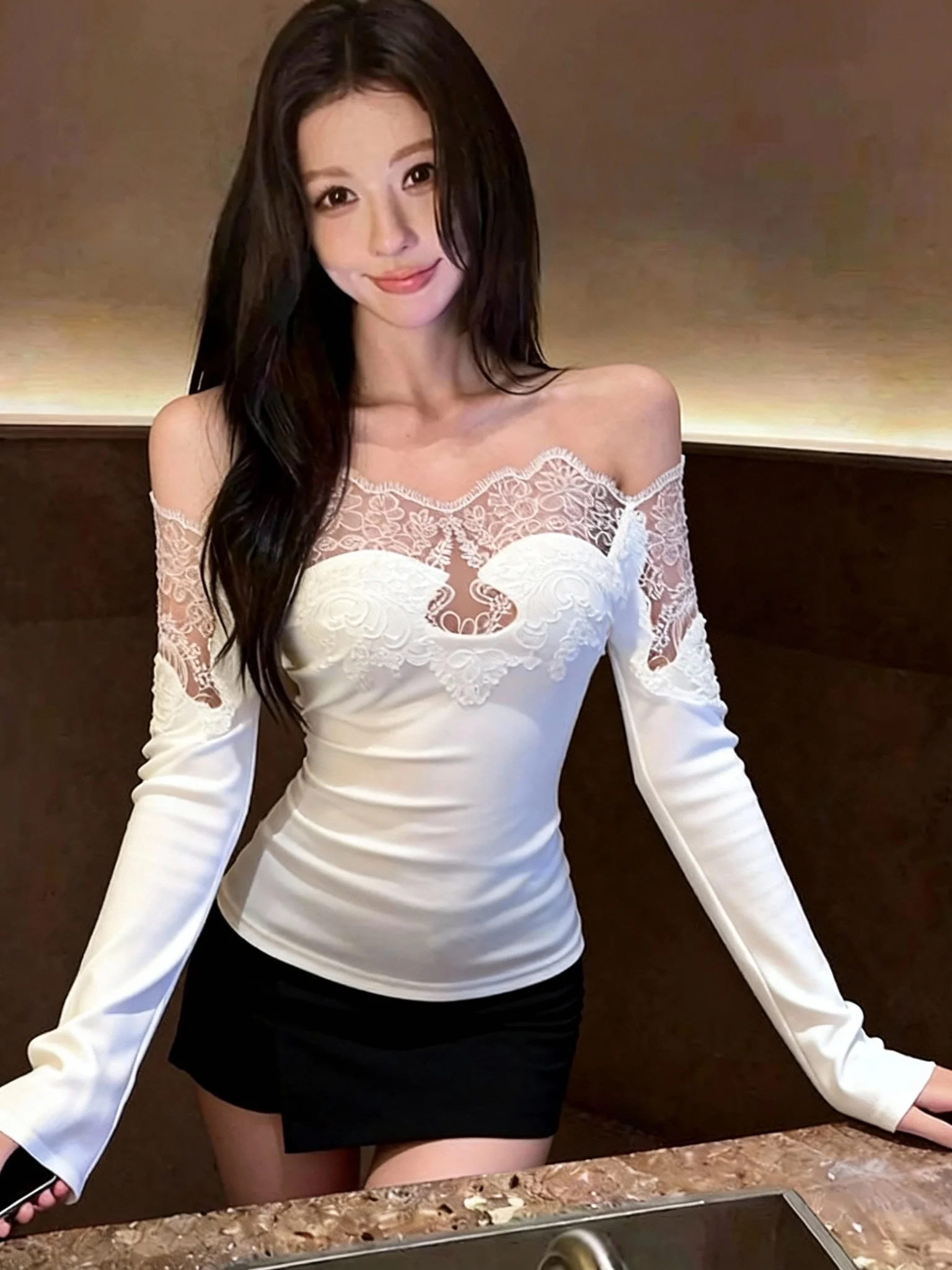 Sexy Lace Splice Long Sleeve Knitted Top Shoulder Bared Slim Fit Women's Fashion Design Casual Wear Nicole Rose Brand
Sexy Lace Splice Long Sleeve Knitted Top Shoulder Bared Slim Fit Women's Fashion Design Casual Wear Nicole Rose Brand