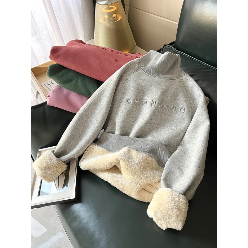 Fall Winter Women's New High Collar Pullovers Korean Style Letter Embroidery Loose Simple Sweatshirts Thick Fleece T-Shirt
Fall Winter Women's New High Collar Pullovers Korean Style Letter Embroidery Loose Simple Sweatshirts Thick Fleece T-Shirt