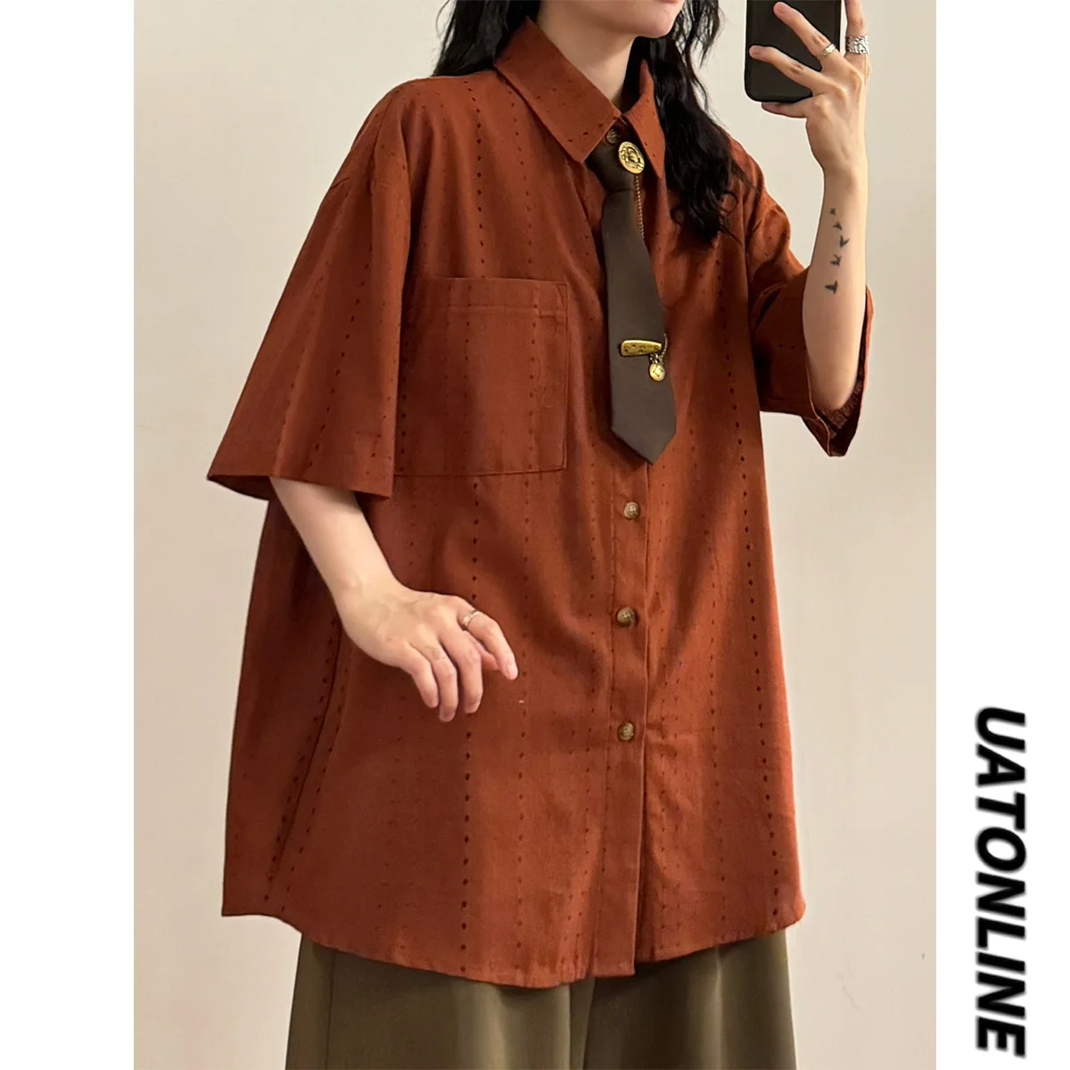 UATONLINE Summer American Retro Casual Color Hollow Stripe Loose Short Sleeve Women's Shirt Street Style Collar
UATONLINE Summer American Retro Casual Color Hollow Stripe Loose Short Sleeve Women's Shirt Street Style Collar