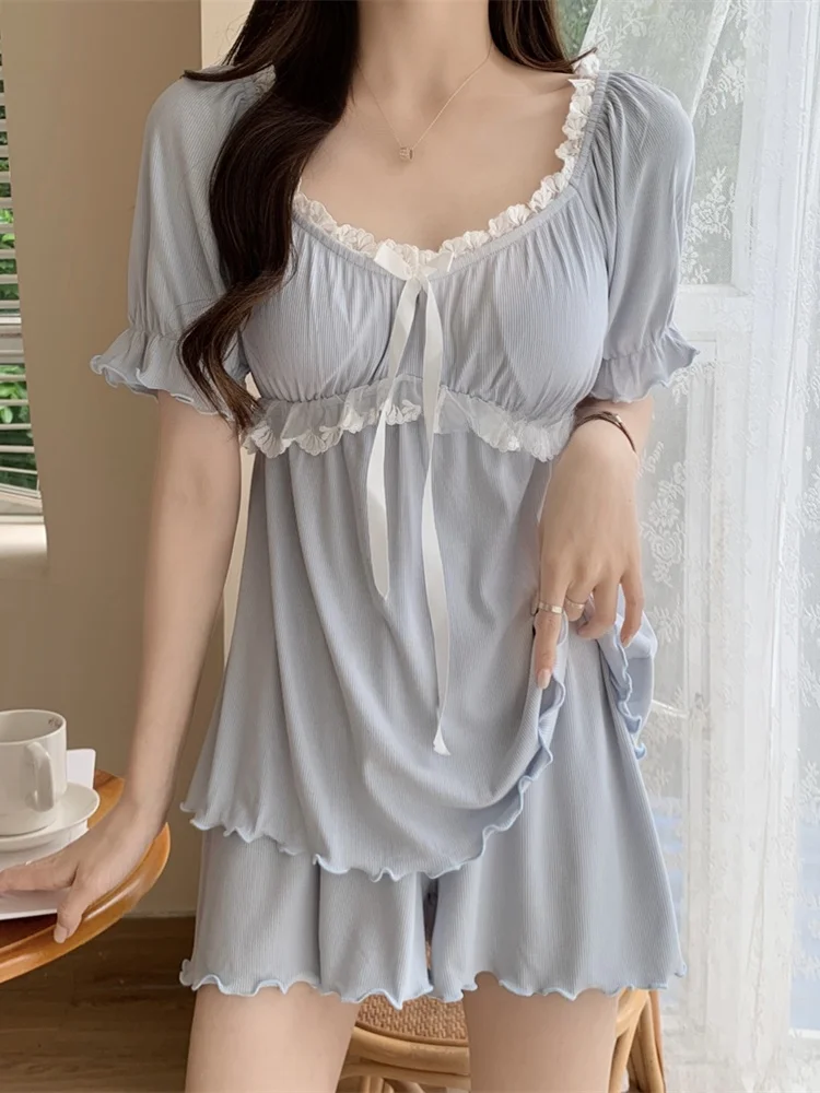 Sweet Pure Desire Style Women's Sleepwear Short Sleeve Shorts with Chest Pad Internet Celebrity Style Girl's Home Clothes Two...
Sweet Pure Desire Style Women's Sleepwear Short Sleeve Shorts with Chest Pad Internet Celebrity Style Girl's Home Clothes Two...