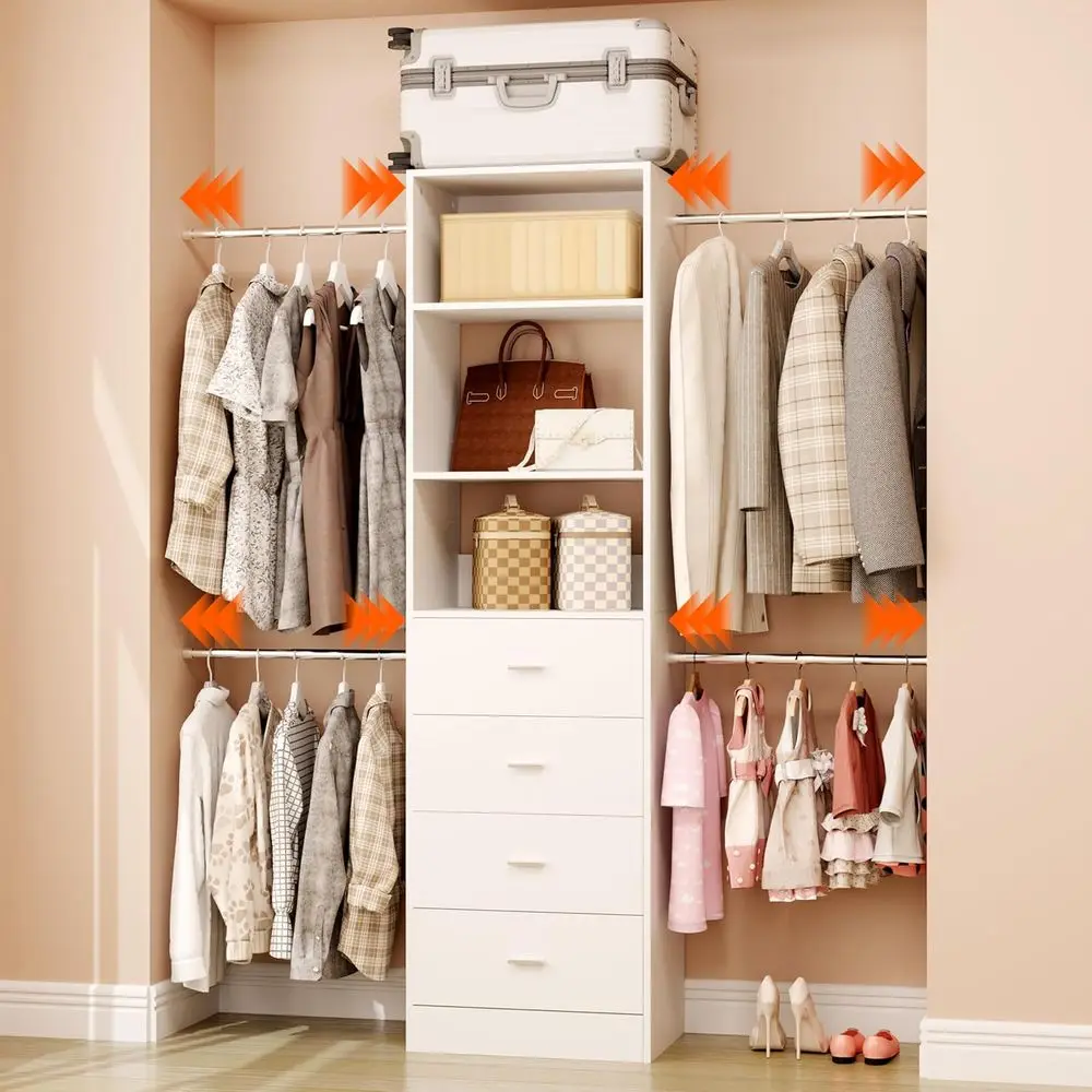 4-Tier Wooden 3-5T Adjustable Walk-In Closet Organizer with Expandable Hanging Rods, White
4-Tier Wooden 3-5T Adjustable Walk-In Closet Organizer with Expandable Hanging Rods, White