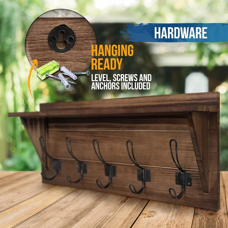 Rustic Brown Solid Wood Wall Mounted Coat Rack with Shelf, 5 Hooks, 24" Long - Kitchen, Mudroom
Rustic Brown Solid Wood Wall Mounted Coat Rack with Shelf, 5 Hooks, 24" Long - Kitchen, Mudroom