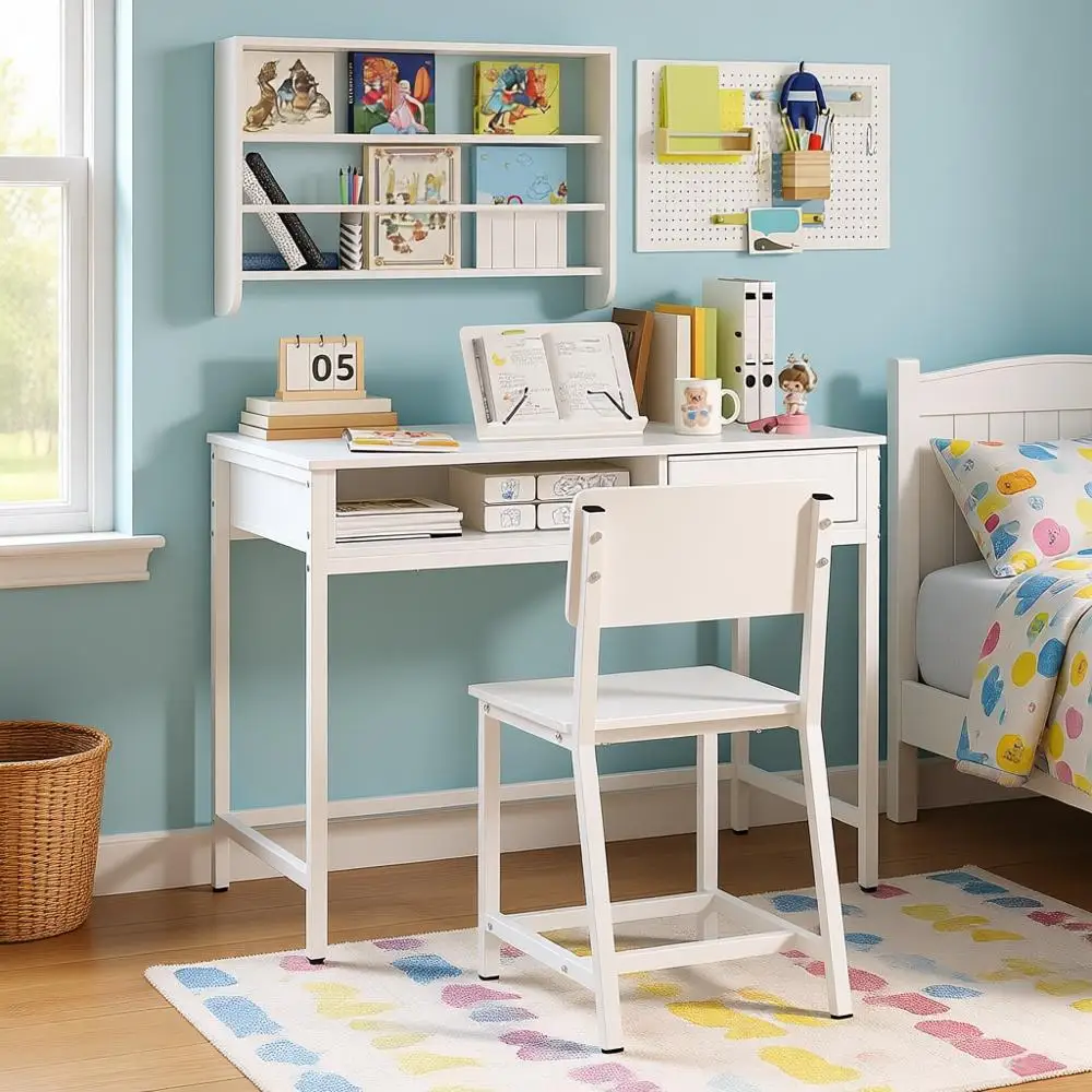 Children's Study Desk with Book Organizer and Fabric Chair, White Wooden Table for Kids' Room and Bedroom
Children's Study Desk with Book Organizer and Fabric Chair, White Wooden Table for Kids' Room and Bedroom