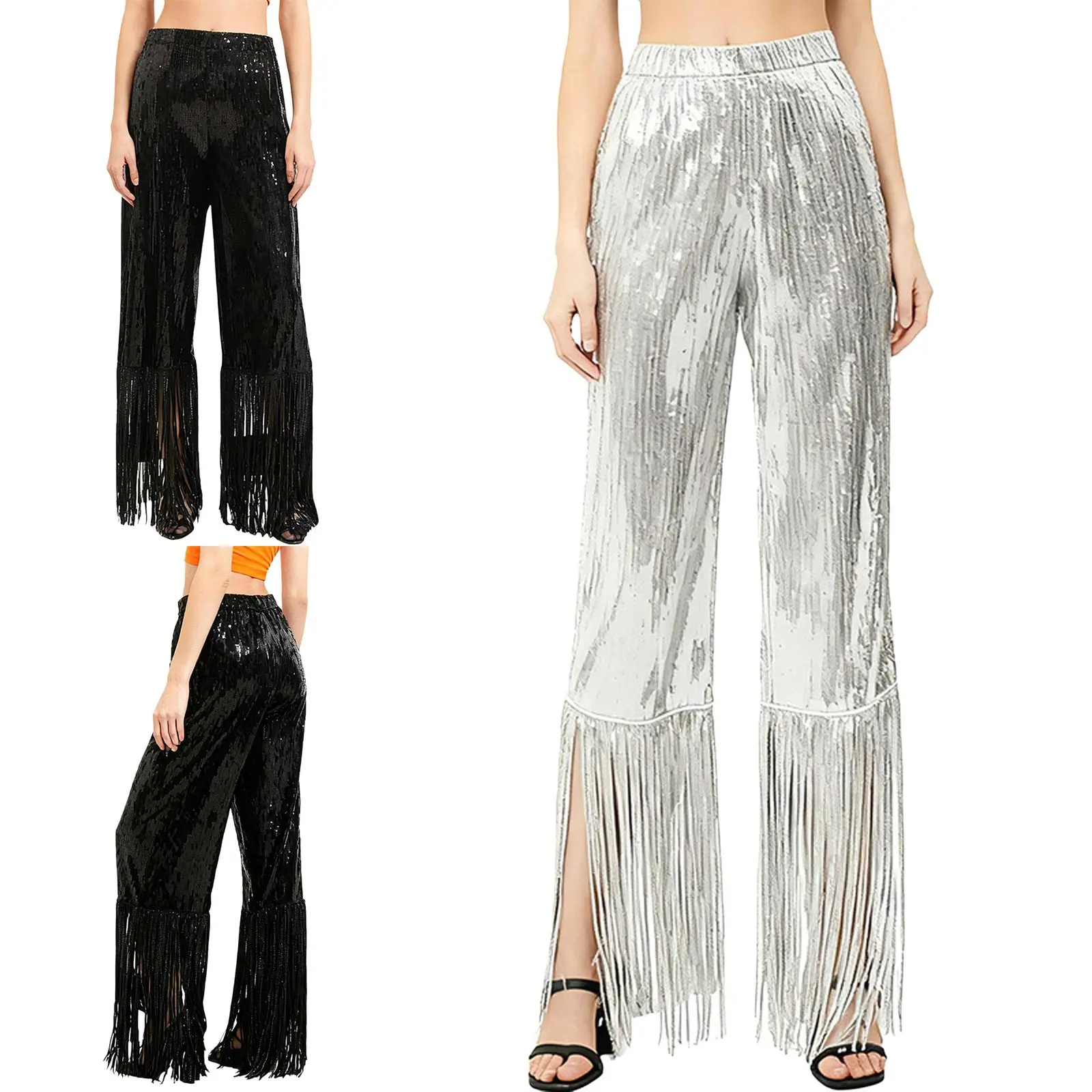 Women Shiny Fringe Tango Cha-cha Trousers Dancewear Allover Sequin Wide Leg Tassel Pants for Stage Party Performance Costume
Women Shiny Fringe Tango Cha-cha Trousers Dancewear Allover Sequin Wide Leg Tassel Pants for Stage Party Performance Costume
