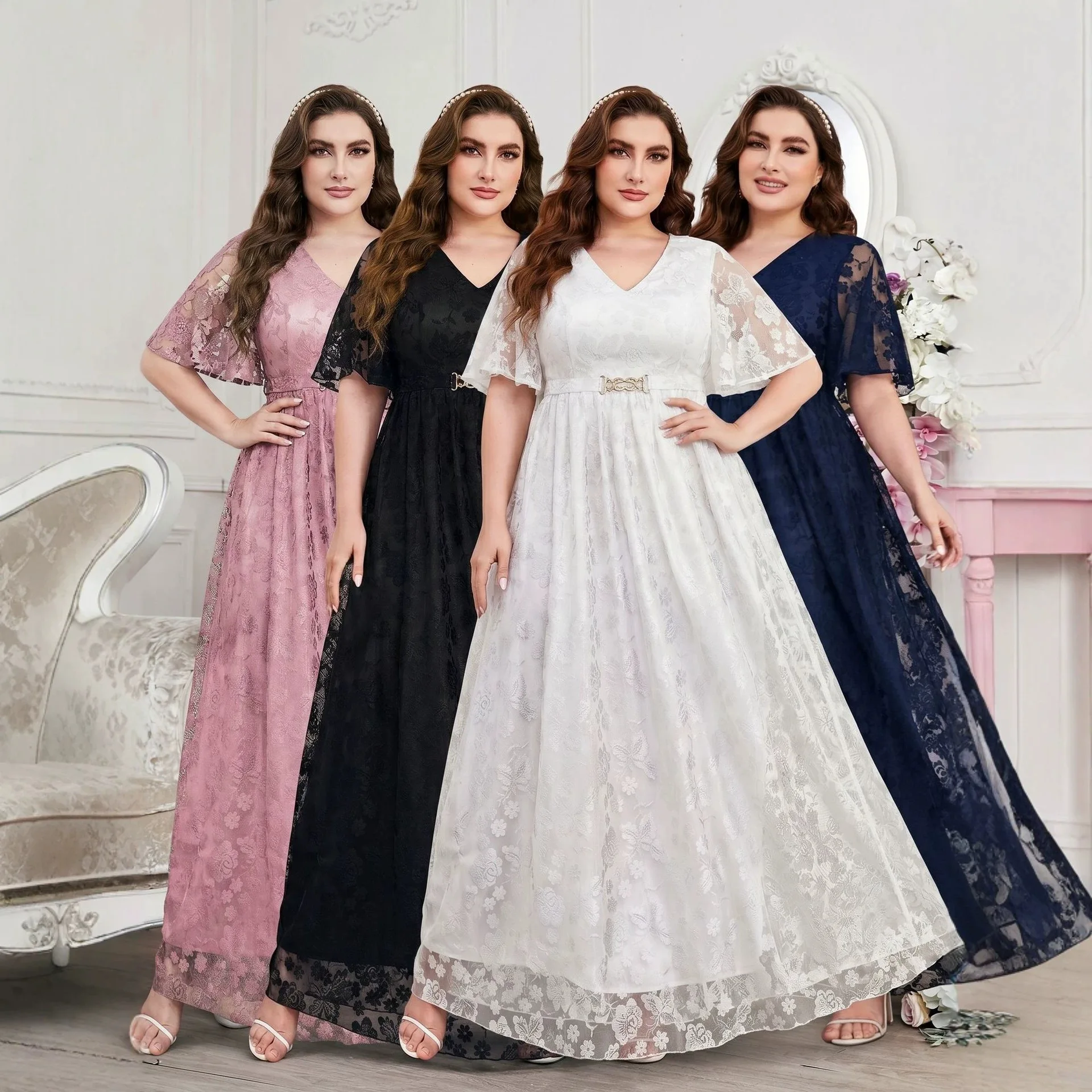 Curvy Floral Lace Tulle Long Gown Plunge V Ruffle Sleeve Decorative Buckle Waist Multi Shades Wedding Gala Custom Formal Dress
Curvy Floral Lace Tulle Long Gown Plunge V Ruffle Sleeve Decorative Buckle Waist Multi Shades Wedding Gala Custom Formal Dress