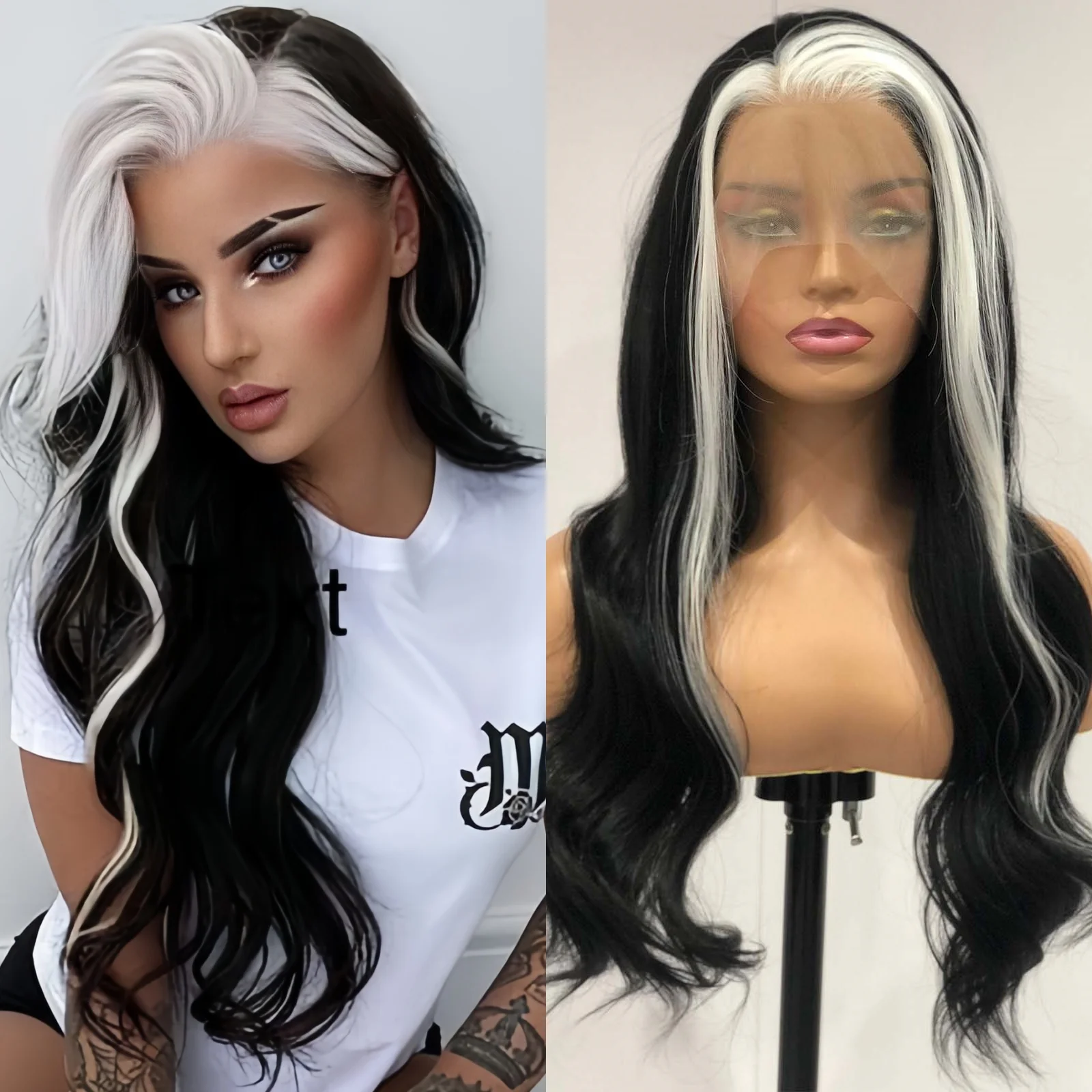 Black White Highlight Wig Synthetic Lace Front Wig Long Curly Natural Wavy Colored Body Wave 13X4 Lace Frontal Wigs for Women
Black White Highlight Wig Synthetic Lace Front Wig Long Curly Natural Wavy Colored Body Wave 13X4 Lace Frontal Wigs for Women