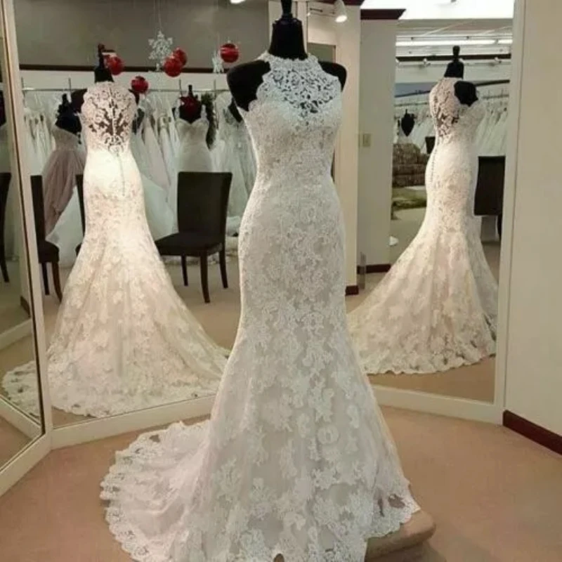 High Neck Wedding Dress Boho Mermaid Bridal Gowns Full Lace Sleeveless Sweep Train Robe De Mariee customized
High Neck Wedding Dress Boho Mermaid Bridal Gowns Full Lace Sleeveless Sweep Train Robe De Mariee customized