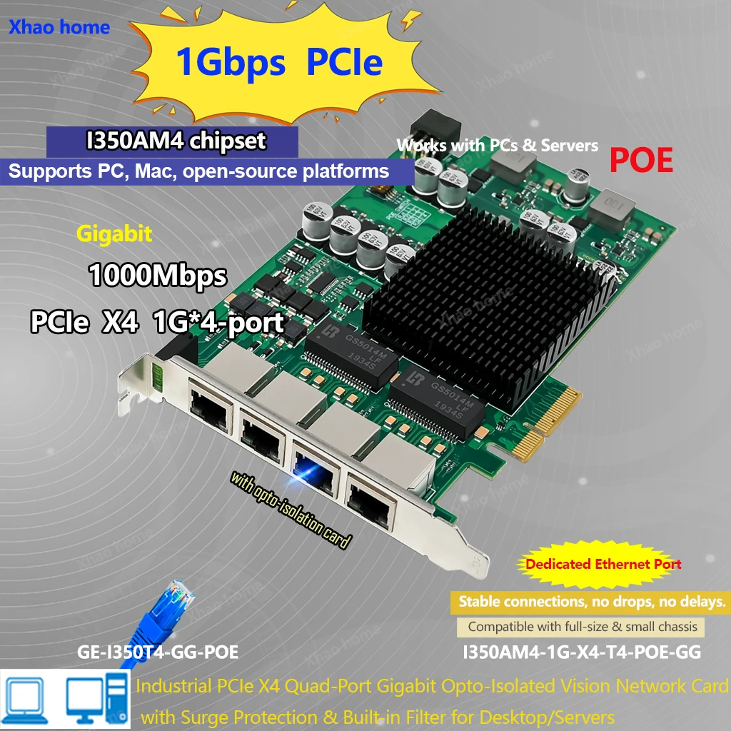 For Intel I350-AM4 4-Port Gigabit POE Network Card - PCI-E X4 with Opto-isolation& Surge Protection for Industrial Camera/Server
For Intel I350-AM4 4-Port Gigabit POE Network Card - PCI-E X4 with Opto-isolation& Surge Protection for Industrial Camera/Server