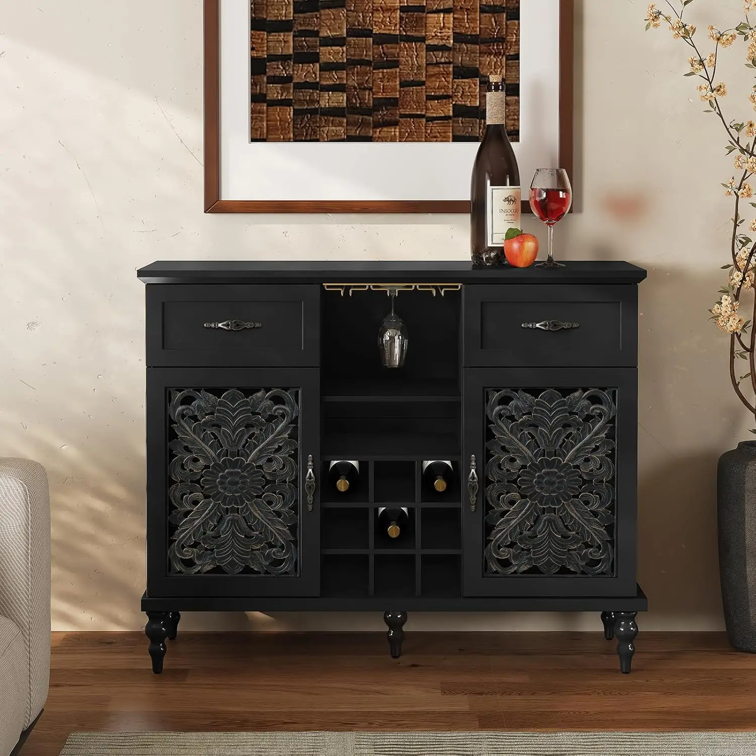 47.2" Vintage Wine Bar Cabinet with 2 Hollow Carved Door, Antique Liquor Cabinet with 9 Wine Racks and Glass, Customized
47.2" Vintage Wine Bar Cabinet with 2 Hollow Carved Door, Antique Liquor Cabinet with 9 Wine Racks and Glass, Customized