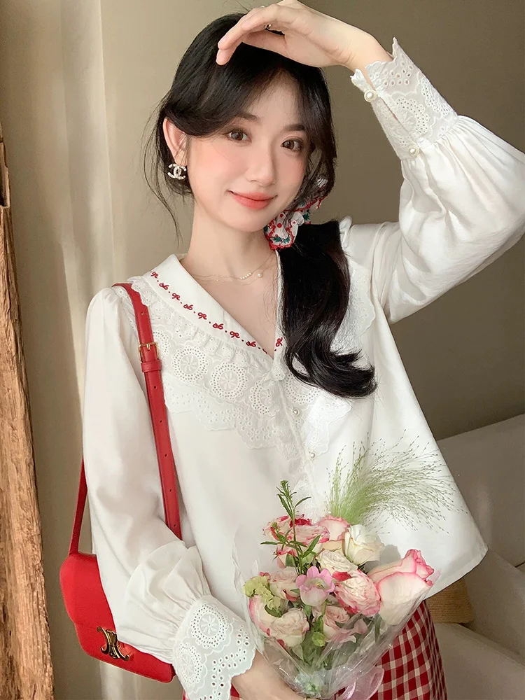 Vintage Women Sweet White Shirt Slim Long Sleeve Spring Cute Blouse French Retro Lace Patchwork Preppy Style Elegant Ins Tops
Vintage Women Sweet White Shirt Slim Long Sleeve Spring Cute Blouse French Retro Lace Patchwork Preppy Style Elegant Ins Tops