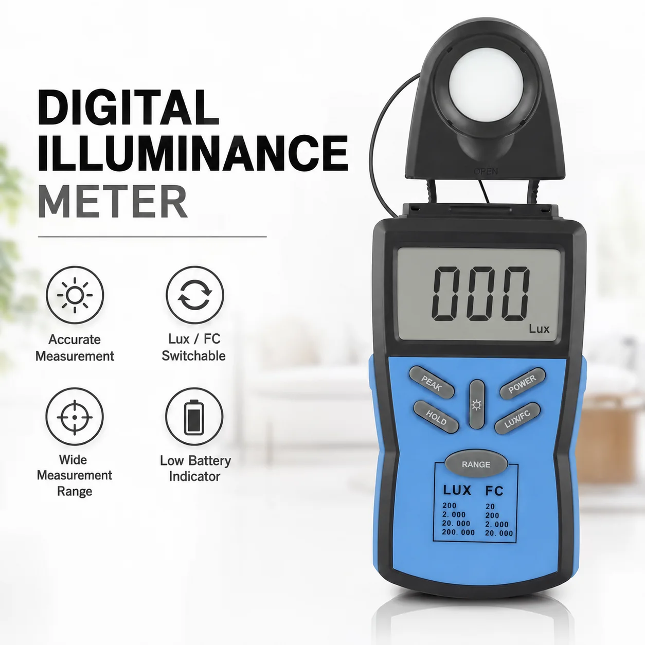 Professional Digital Lux Meter, 0.1-200000 Lux Light Meter with High Accuracy, Dual-Range Lumen / Foot Candle Photometer
Professional Digital Lux Meter, 0.1-200000 Lux Light Meter with High Accuracy, Dual-Range Lumen / Foot Candle Photometer