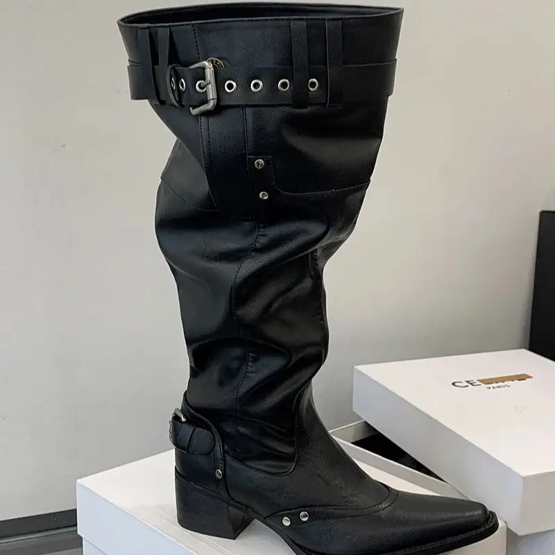 Black Boots Knee High Woman Low Heels Long Shoes Retro Pointed Toe Belt Bucky Chunky Heels Punk Western Boots Fall Ladies Shoes
Black Boots Knee High Woman Low Heels Long Shoes Retro Pointed Toe Belt Bucky Chunky Heels Punk Western Boots Fall Ladies Shoes