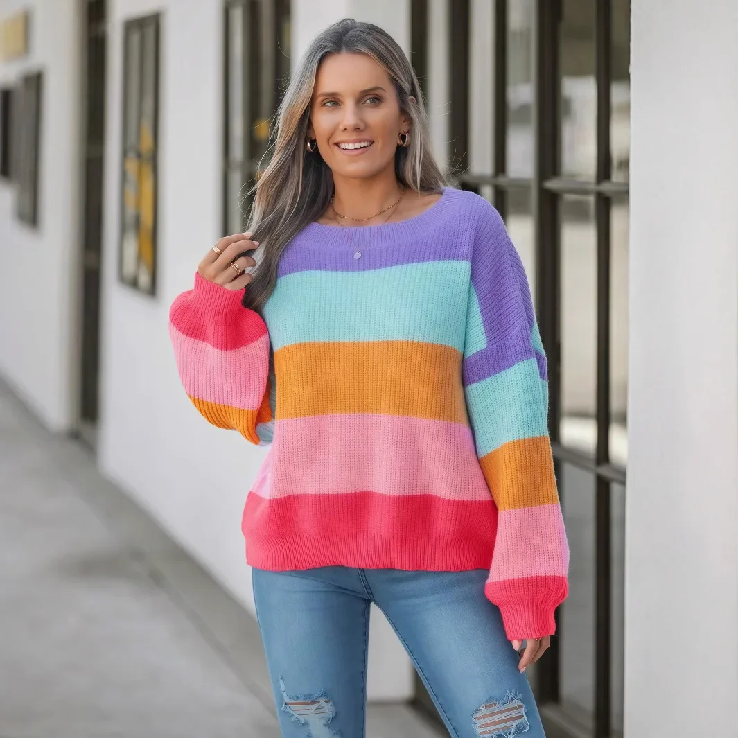 Autumn Winter round Neck Shoulder-Drift Sleeve Temu Versatile Loose Striped Needlewomen Pullover Cross-Border Bestseller
Autumn Winter round Neck Shoulder-Drift Sleeve Temu Versatile Loose Striped Needlewomen Pullover Cross-Border Bestseller