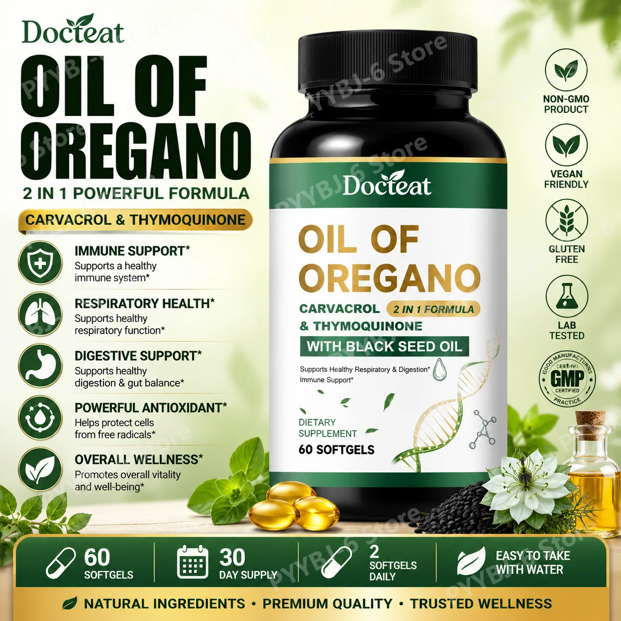 Oil of Oregano & Black Seed Oil with Carvacrol & Thymoquinone Immune Support 60 Softgels Dietary Supplement for Adults
Oil of Oregano & Black Seed Oil with Carvacrol & Thymoquinone Immune Support 60 Softgels Dietary Supplement for Adults
