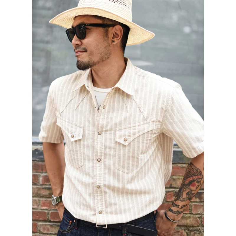 Мужская повседневная рубашка в полоску в западном стиле, свободного кроя, летняя, винтажная, цвета хаки, молодежная, стандартного кроя
Мужская повседневная рубашка в полоску в западном стиле, свободного кроя, летняя, винтажная, цвета хаки, молодежная, стандартного кроя