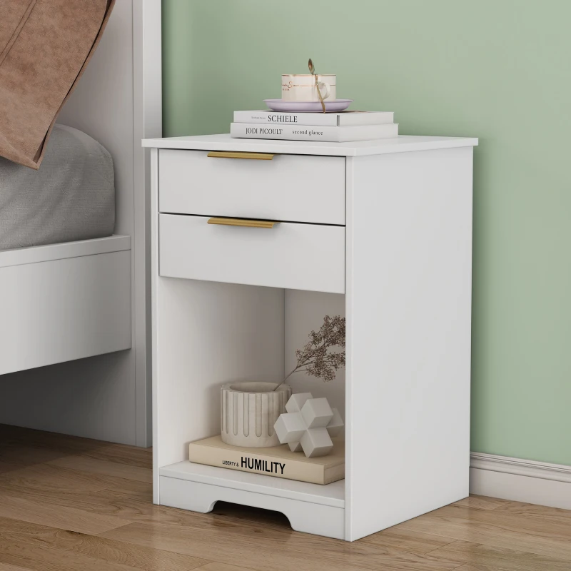 Nighstand with 2 Drawers,End Table,Nightstand with Open Space,Golden Handle,Morden Design,For Living Room,Bedroom,Easy Assemble,White
Nighstand with 2 Drawers,End Table,Nightstand with Open Space,Golden Handle,Morden Design,For Living Room,Bedroom,Easy Assemble,White