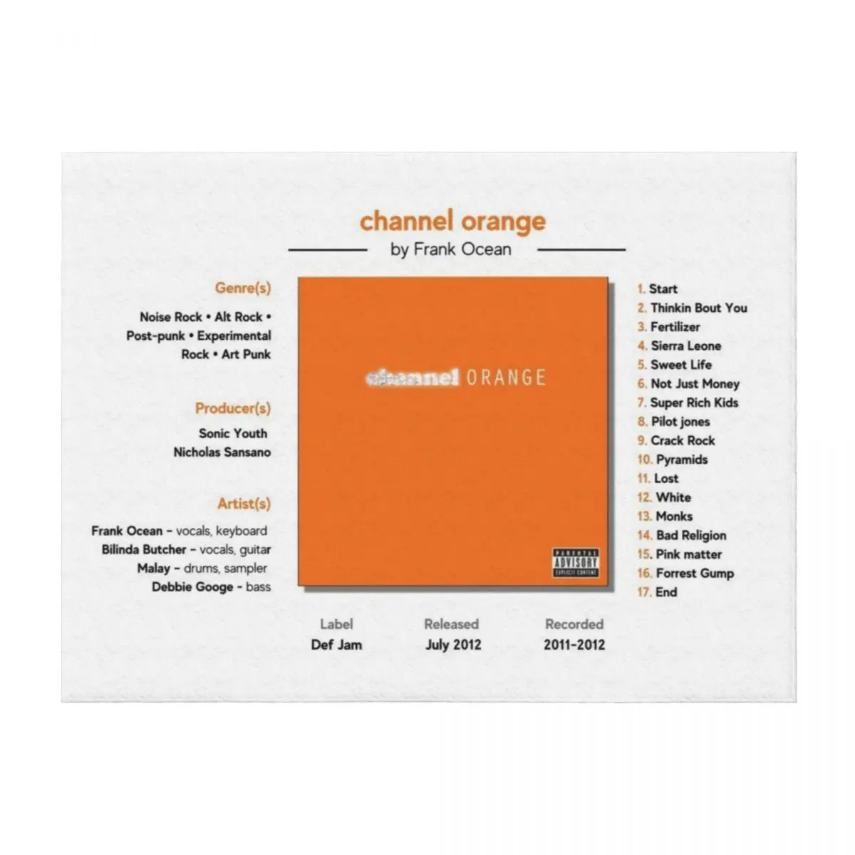 channel ORANGE by Frank Ocean Throw Blanket Giant Sofa Warm funny gift Sofas Blankets
channel ORANGE by Frank Ocean Throw Blanket Giant Sofa Warm funny gift Sofas Blankets