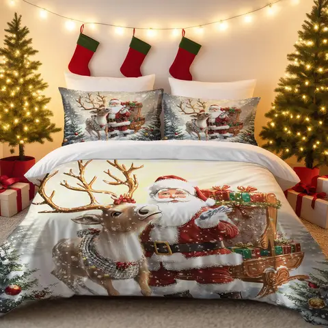 3-delige beddengoedset met kerstmanprint, zacht en kernloos, meerdere maten om uit te kiezen, wasbaar kerstcadeau
