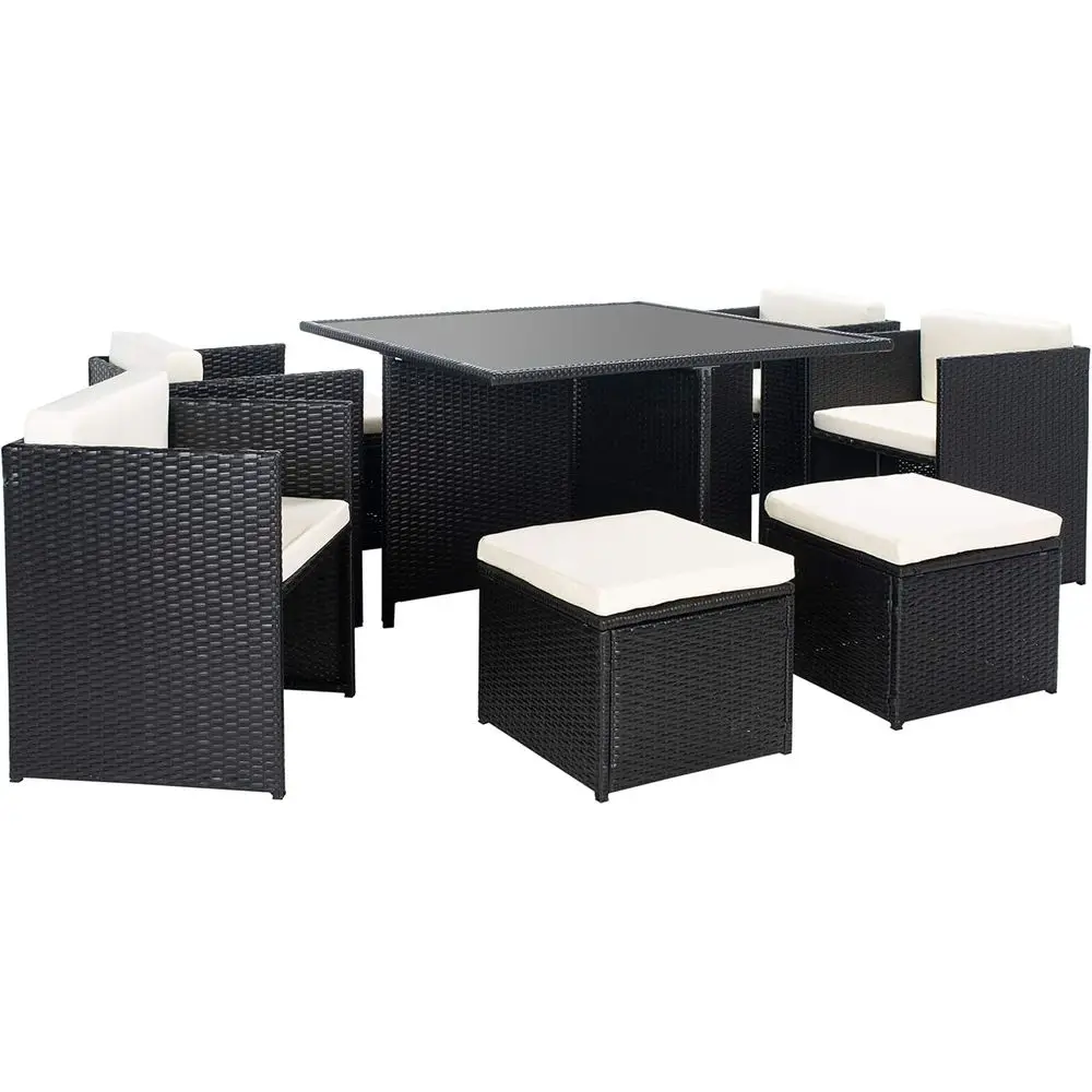 9-Piece Black Rattan Patio Dining Set with Beige Cushions for Backyard
9-Piece Black Rattan Patio Dining Set with Beige Cushions for Backyard