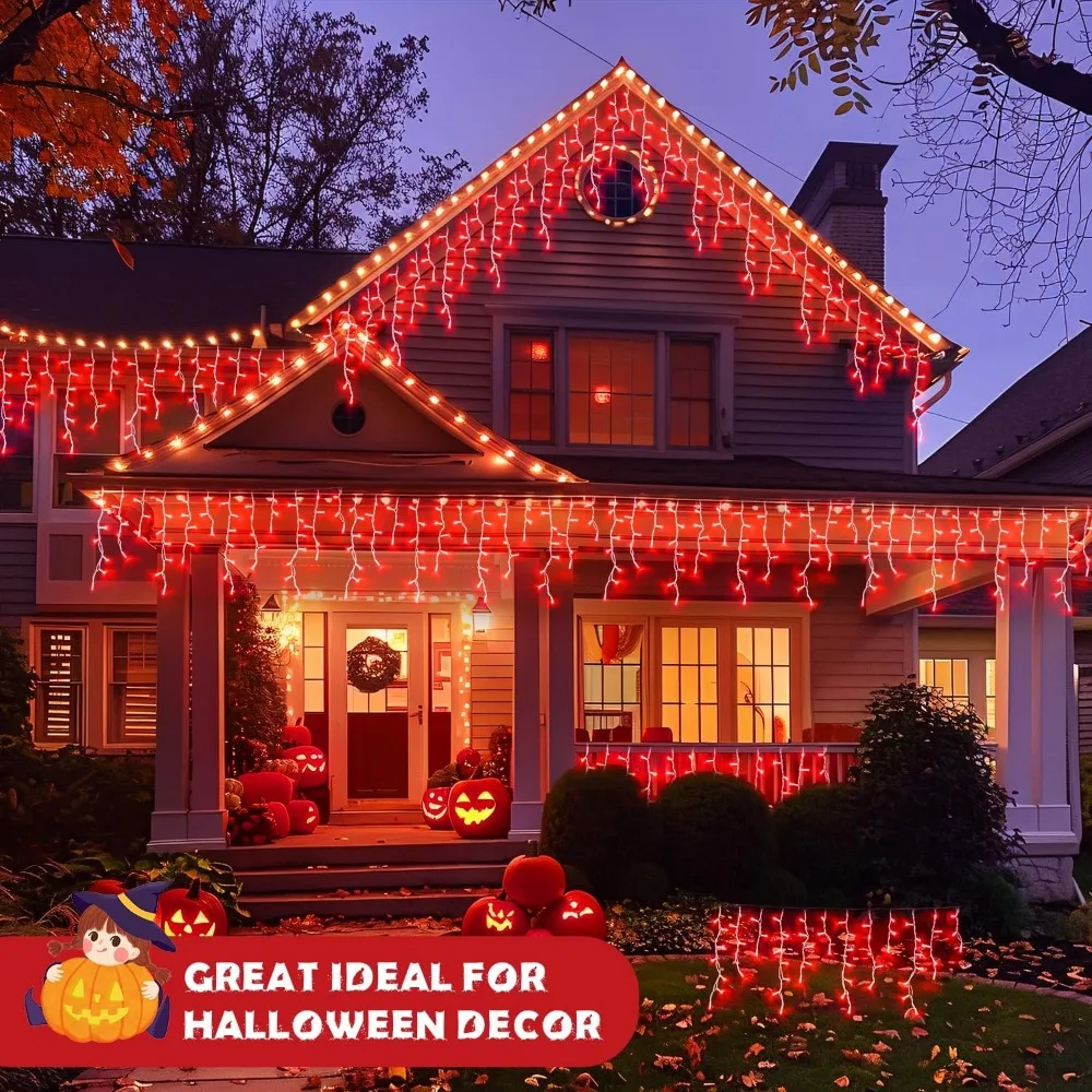 400 LED red icicle lights for Halloween decorations, with a red string of lights and a remote control inside and outside
400 LED red icicle lights for Halloween decorations, with a red string of lights and a remote control inside and outside