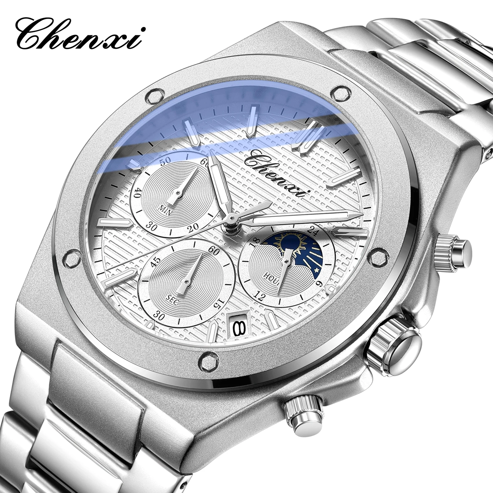 CHENXI 961 Fashion Quartz Watches for Man Multifunction Chronograph Calendar Moonphase Stainless Steel Strap Business Men Watch
CHENXI 961 Fashion Quartz Watches for Man Multifunction Chronograph Calendar Moonphase Stainless Steel Strap Business Men Watch