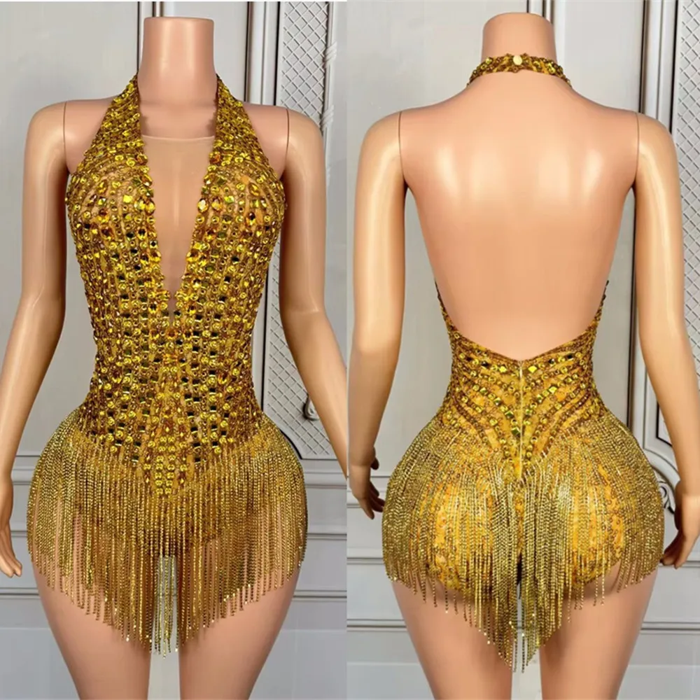 Women Luxury Gold Rhinestones Chains Fringe Bodysuit Sexy Transparent Birthday Dancer Performance Wear Singer Concert Costume
Women Luxury Gold Rhinestones Chains Fringe Bodysuit Sexy Transparent Birthday Dancer Performance Wear Singer Concert Costume
