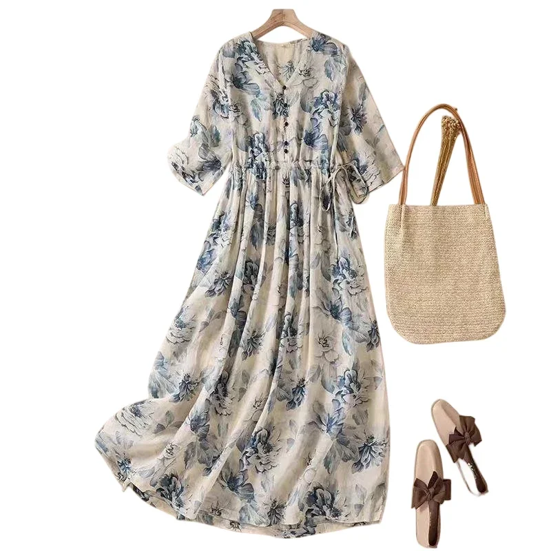 Pop Elegant V-Neck Floral Printing Women Party Dresses New Summer Literary Vintage Beach Dresses Slim A-Line Maxi Dress
Pop Elegant V-Neck Floral Printing Women Party Dresses New Summer Literary Vintage Beach Dresses Slim A-Line Maxi Dress
