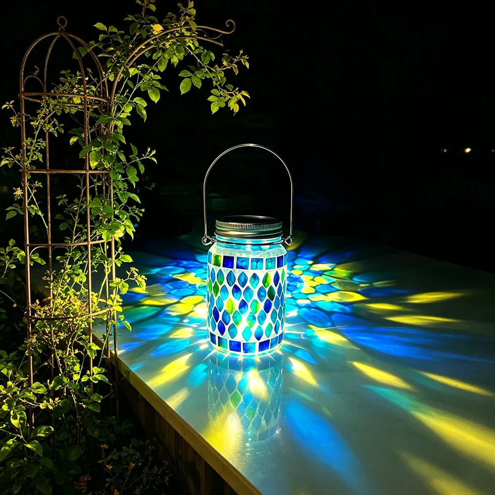 Bohemian Mosaic Solar Hanging Light, Blue-green Gradient Glass Solar Courtyard Light Moroccan Mason Jar Projection Ambient Light
Bohemian Mosaic Solar Hanging Light, Blue-green Gradient Glass Solar Courtyard Light Moroccan Mason Jar Projection Ambient Light