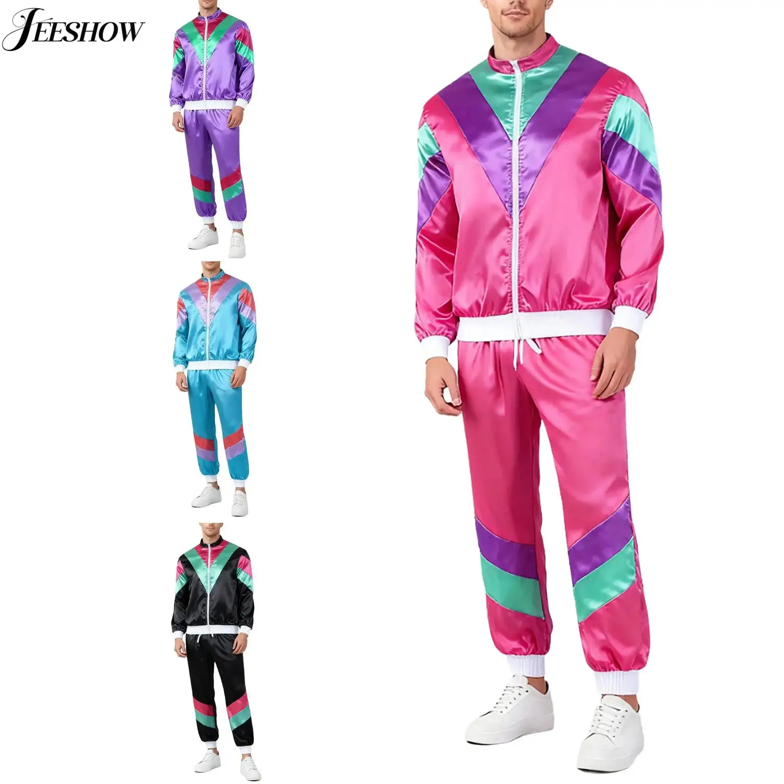 Костюм спортивный унисекс в стиле 80-х: куртка с воротником-стойкой на молнии и брюки из сатина с цветными блоками
Костюм спортивный унисекс в стиле 80-х: куртка с воротником-стойкой на молнии и брюки из сатина с цветными блоками