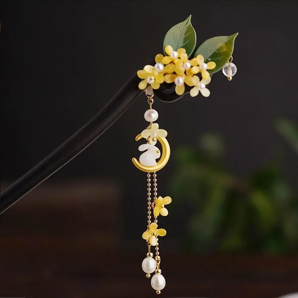 New Ancient Style Jade Rabbit Osmanthus Wooden Hairpin Hair Sticks Vintage Temperament Tassel Hairpin Hanfu Chinese Style
New Ancient Style Jade Rabbit Osmanthus Wooden Hairpin Hair Sticks Vintage Temperament Tassel Hairpin Hanfu Chinese Style