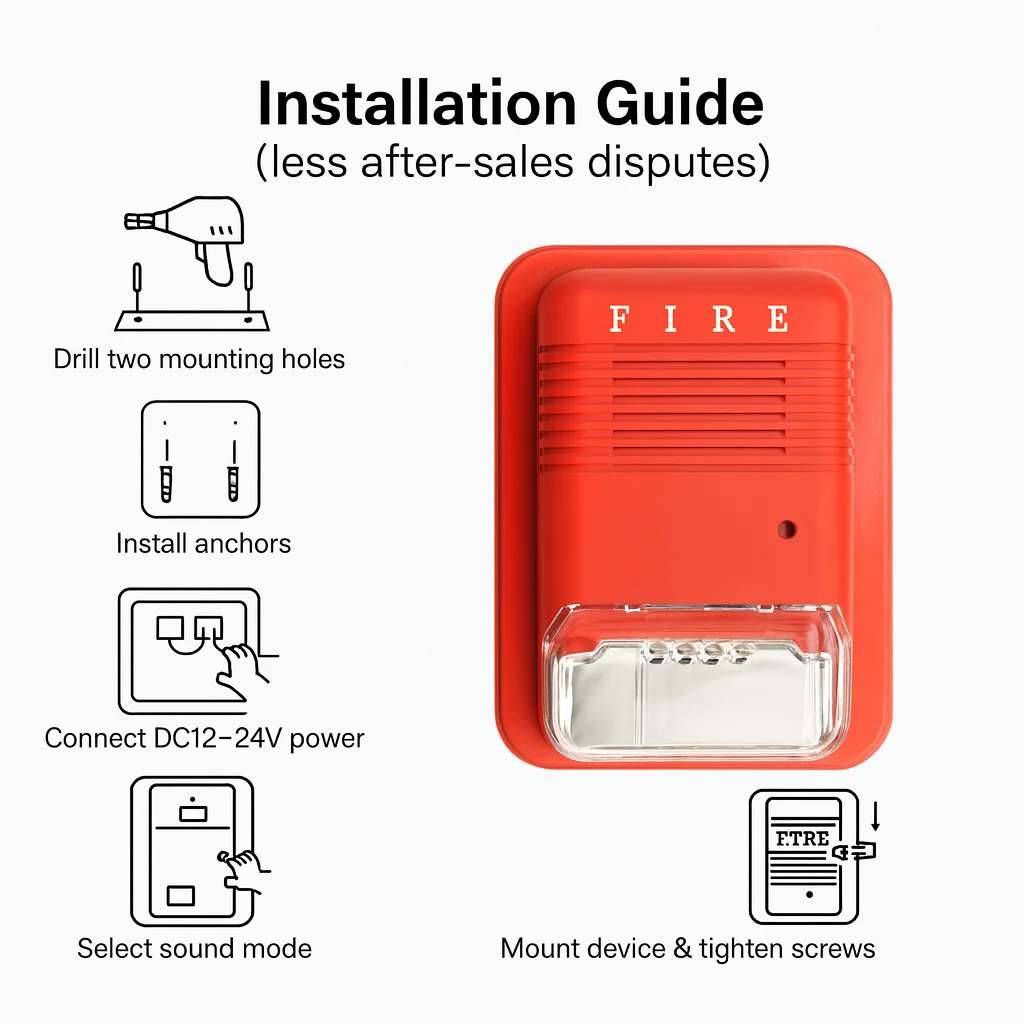 120dB Fire Alarm Siren with LED Strobe · DC12–24V · 3 Sound Modes · Non-Polarized Wiring · Winter-Ready for Home Office Shop
120dB Fire Alarm Siren with LED Strobe · DC12–24V · 3 Sound Modes · Non-Polarized Wiring · Winter-Ready for Home Office Shop