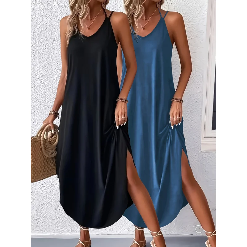 Elegant Solid Color Sleeveless Maxi Dress Set for Women Casual Summer Style with Lace-Up Detail Adjustable Straps,and Side Slit
Elegant Solid Color Sleeveless Maxi Dress Set for Women Casual Summer Style with Lace-Up Detail Adjustable Straps,and Side Slit