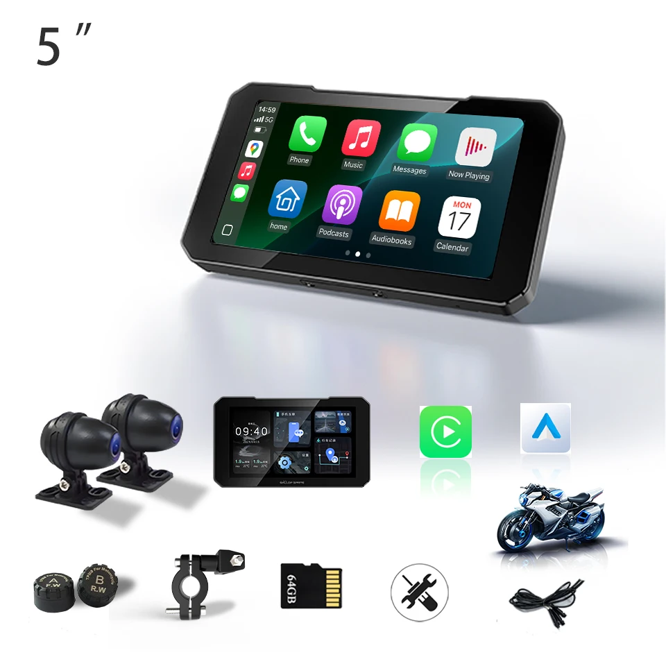 Wireless 5" Carplay Screen for Motorcycle Waterproof GPS Navigator with Mirror Link & Android Auto 2HD Cameras E5 DVR TPMS
Wireless 5" Carplay Screen for Motorcycle Waterproof GPS Navigator with Mirror Link & Android Auto 2HD Cameras E5 DVR TPMS