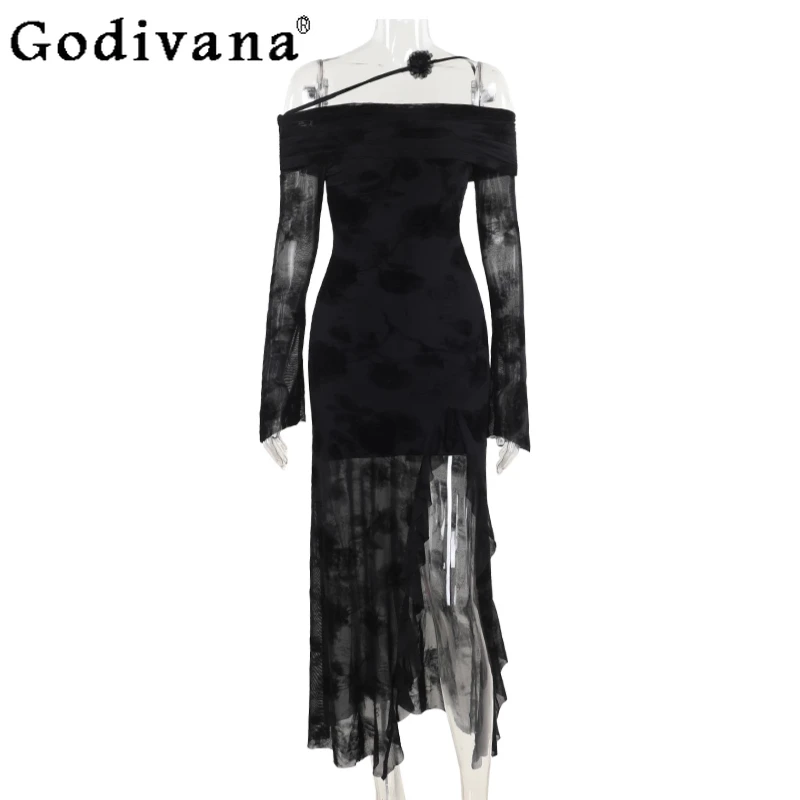 Gothic Style Black Long Sleeve Dress for Women Summer Sexy Irregular Hot Girl Dress Female Sexy Off Shoulder Long Dress
Gothic Style Black Long Sleeve Dress for Women Summer Sexy Irregular Hot Girl Dress Female Sexy Off Shoulder Long Dress