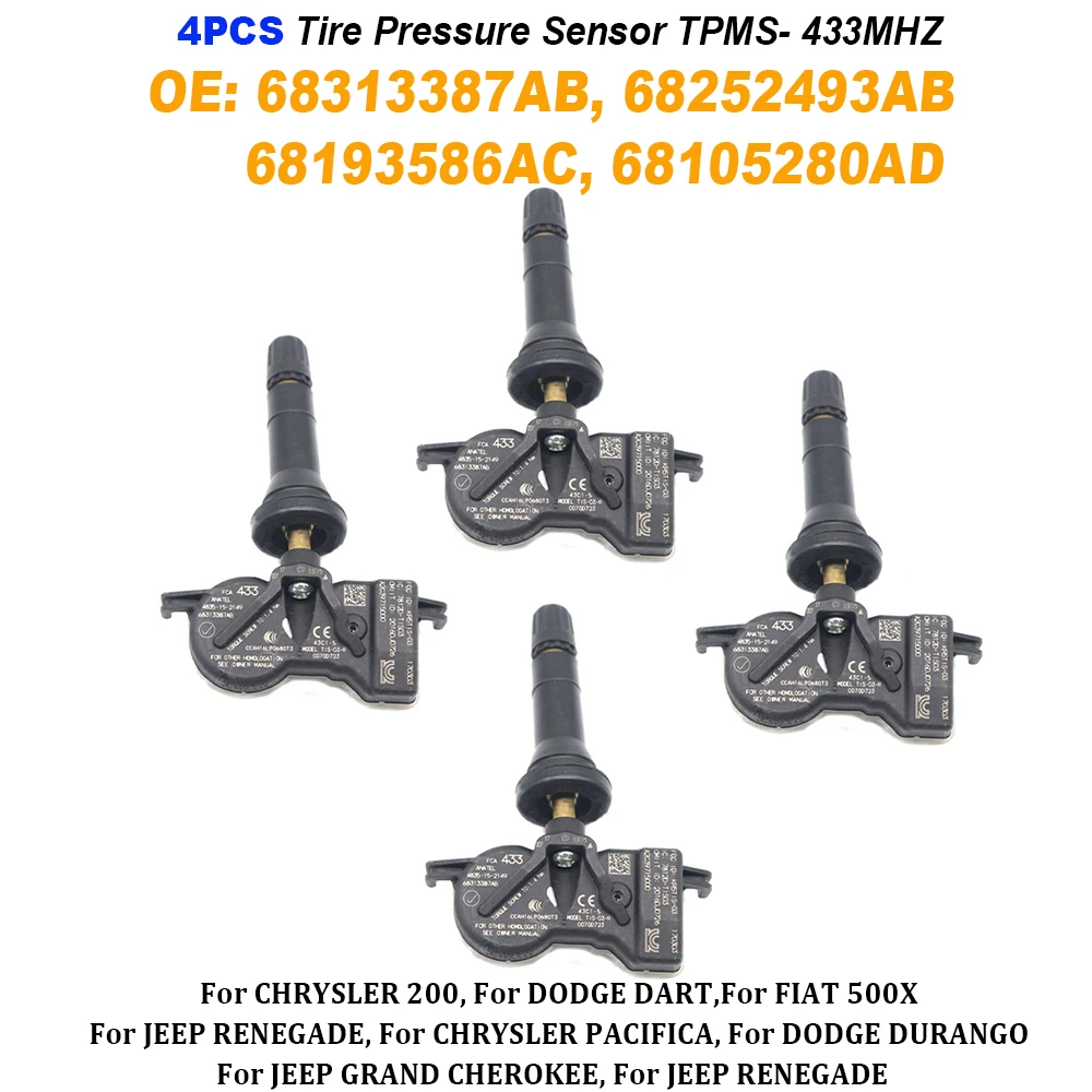 4PCS 68313387AB 68252493AB 68193586AA 68105280AA Tire Pressure Sensor TPMS 433MHz For Chrysler 200 Dodge Dart Fiat 500X Jeep
4PCS 68313387AB 68252493AB 68193586AA 68105280AA Tire Pressure Sensor TPMS 433MHz For Chrysler 200 Dodge Dart Fiat 500X Jeep