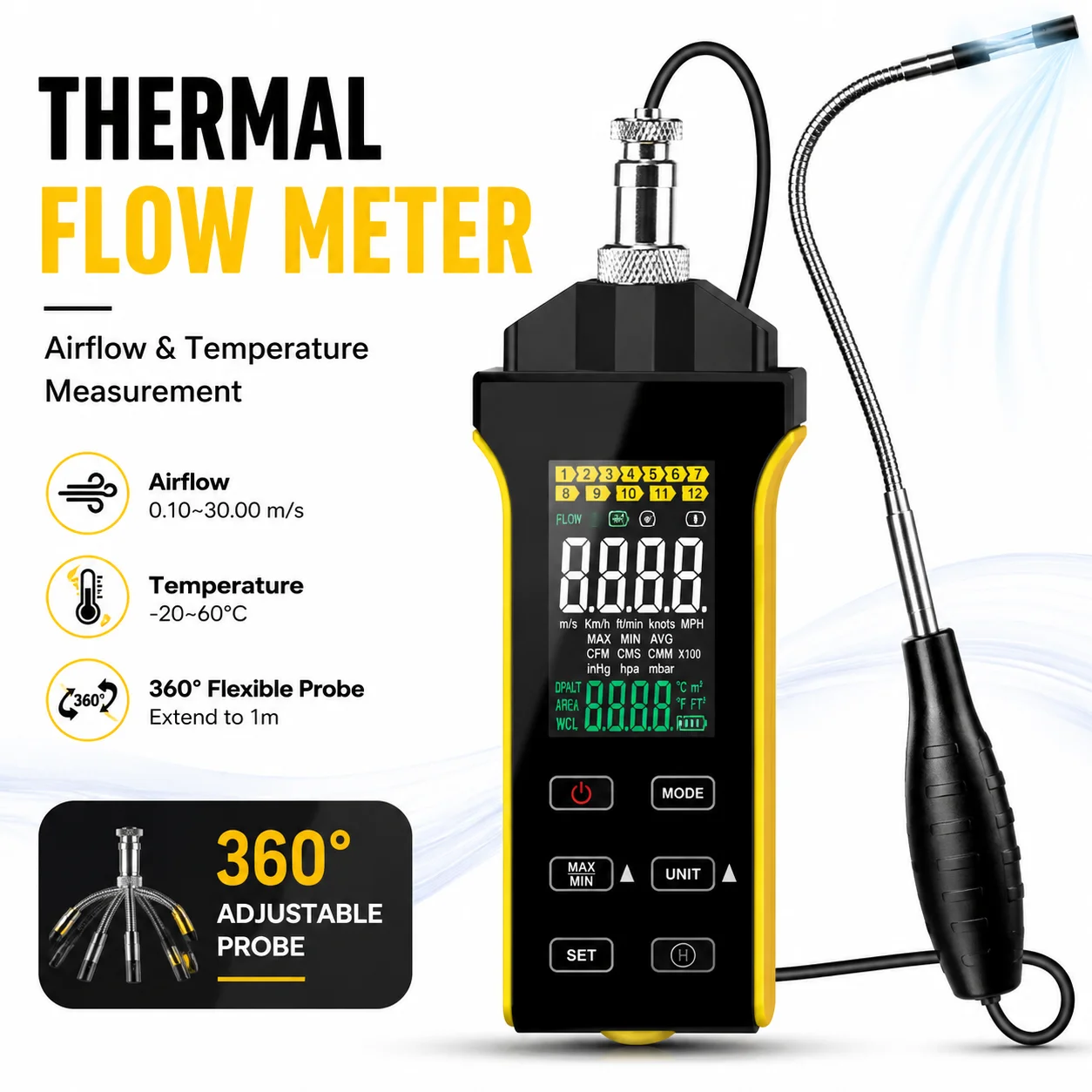 Digital HVAC Hot Wire Anemometer Air Flow Meter with 360° Flexible Probe, CFM/CMM Wind Speed Temperature Tester