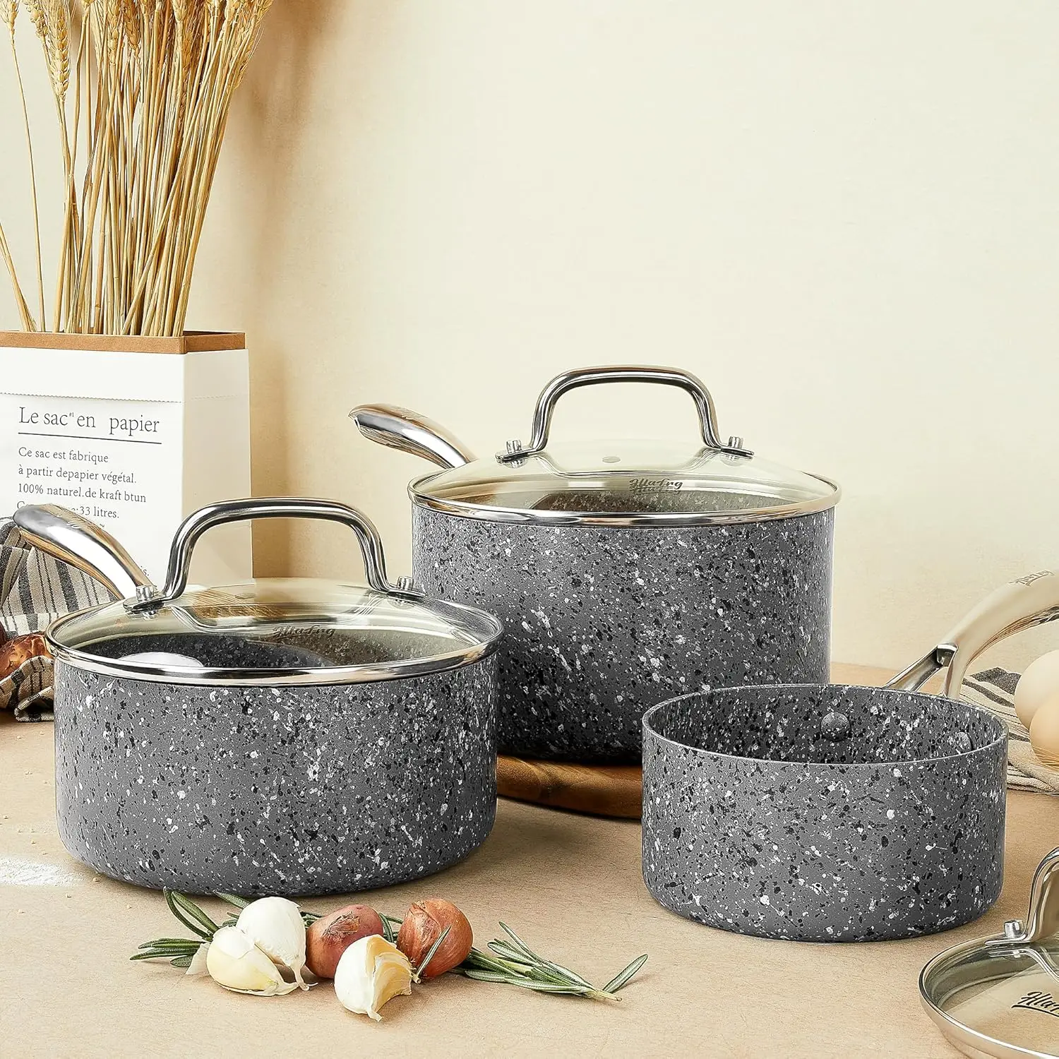 HLAFRG Nonstick Premium 3-Piece Saucepan Set with Glass Lids, 1+2+3QT Natural Durable Granite Coating, Nonstick, Grey
HLAFRG Nonstick Premium 3-Piece Saucepan Set with Glass Lids, 1+2+3QT Natural Durable Granite Coating, Nonstick, Grey