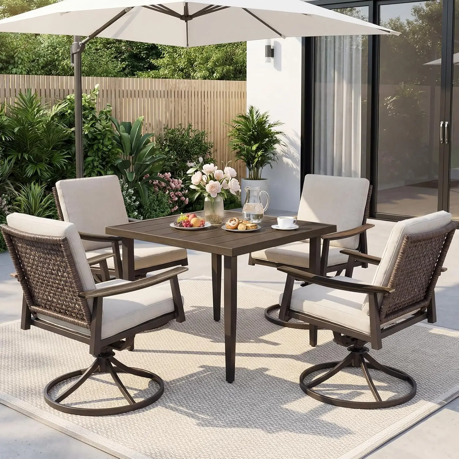 Outdoor Dining Set,Patio Table and Chairs Set with 4 Rattan Wicker Swivel Chairs,5 Piece Patio Dining Set for 4,36.6", Custom
Outdoor Dining Set,Patio Table and Chairs Set with 4 Rattan Wicker Swivel Chairs,5 Piece Patio Dining Set for 4,36.6", Custom