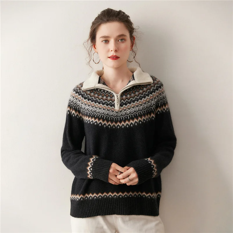 Women Autumn Winter Polo neck Jacquard Pullover Blouse 100% Pure Cashmere Sweater Woman Casual Soft Thick Warm Knitted Tops
Women Autumn Winter Polo neck Jacquard Pullover Blouse 100% Pure Cashmere Sweater Woman Casual Soft Thick Warm Knitted Tops