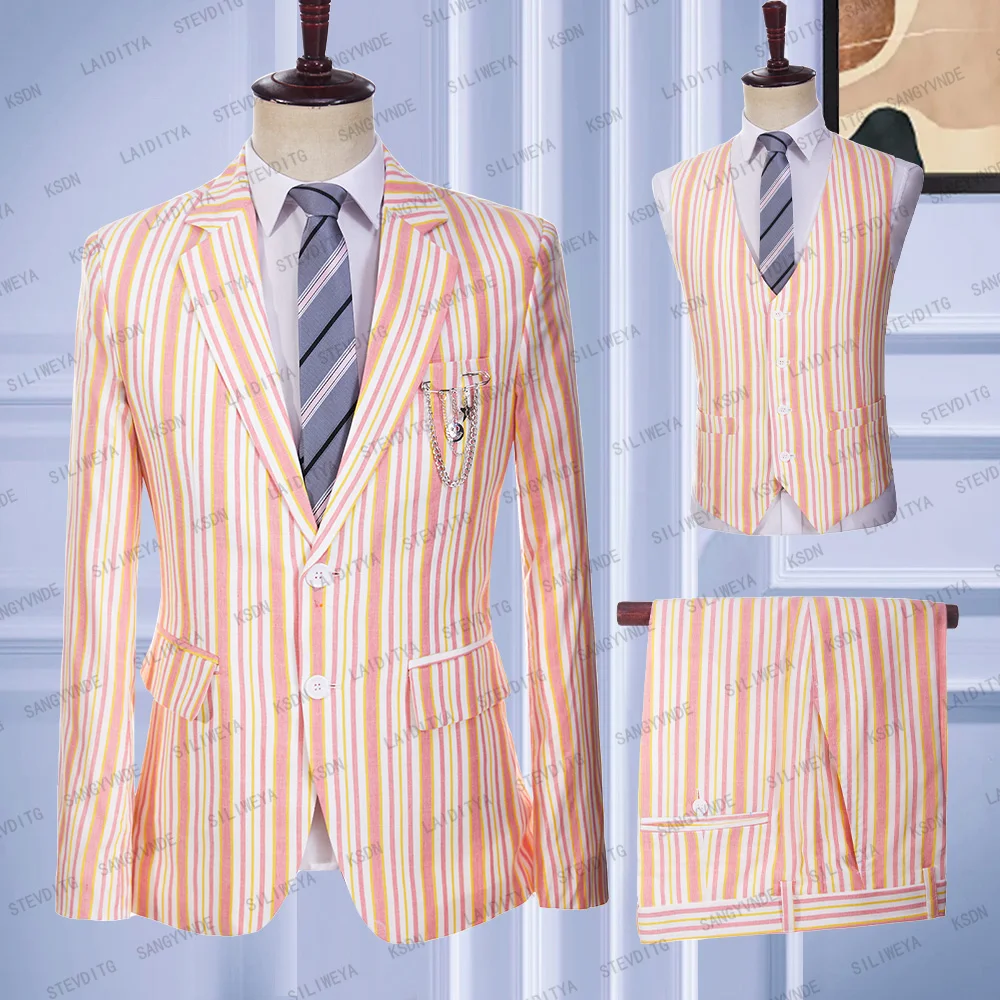 2023 Men White Linen Suits Pink Orange Stripe Terno Masculino Slim Fit Formal Tuxedo Wedding Groom 3 Pcs Set Jacket Vest Pants
2023 Men White Linen Suits Pink Orange Stripe Terno Masculino Slim Fit Formal Tuxedo Wedding Groom 3 Pcs Set Jacket Vest Pants