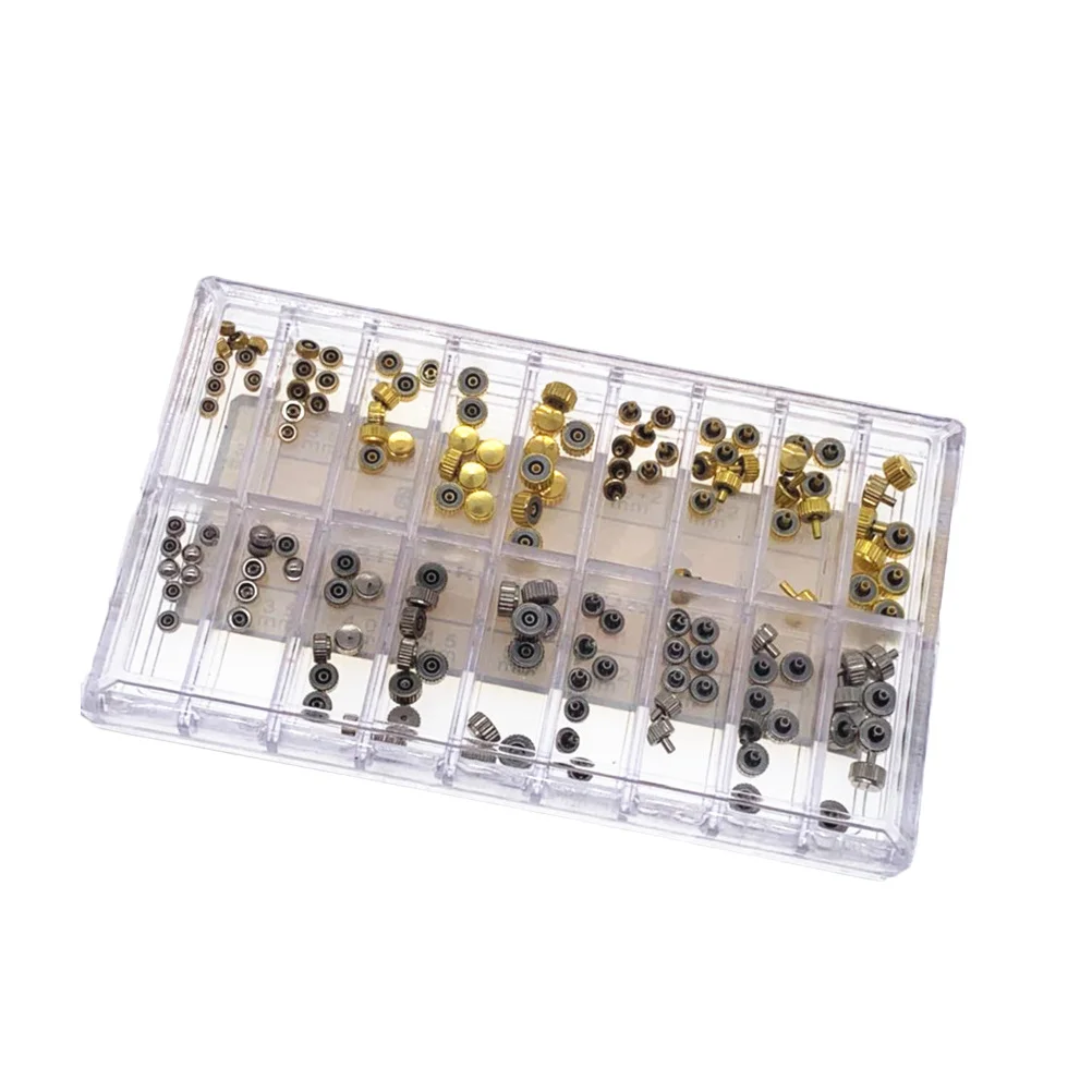 140Pcs Watch Crown Parts Assorted Sizes Mixed Gold Silver Durable Repair Kit for Waterproof Dome Flat Watch Stems Tubes 
140Pcs Watch Crown Parts Assorted Sizes Mixed Gold Silver Durable Repair Kit for Waterproof Dome Flat Watch Stems Tubes
