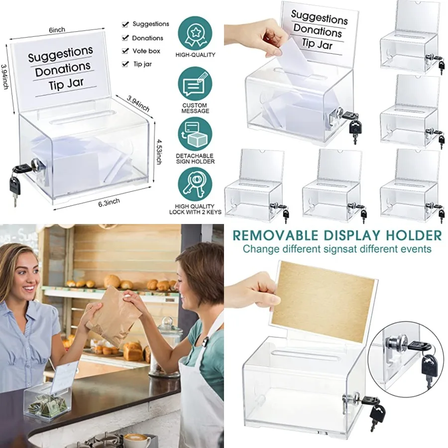 6 Pcs Acrylic Donation Box with Lock and Sign Holder Clear Ballot Donation Boxes with Slot for Fundraising Suggestion Box Stora
6 Pcs Acrylic Donation Box with Lock and Sign Holder Clear Ballot Donation Boxes with Slot for Fundraising Suggestion Box Stora