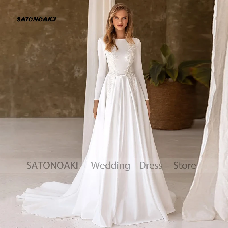 Customized Simple Elegant A Line Lace Satin Wedding Dresses for Women Long Sleeves Sweep Train Bridal Gowns Vestidos De Novia
Customized Simple Elegant A Line Lace Satin Wedding Dresses for Women Long Sleeves Sweep Train Bridal Gowns Vestidos De Novia