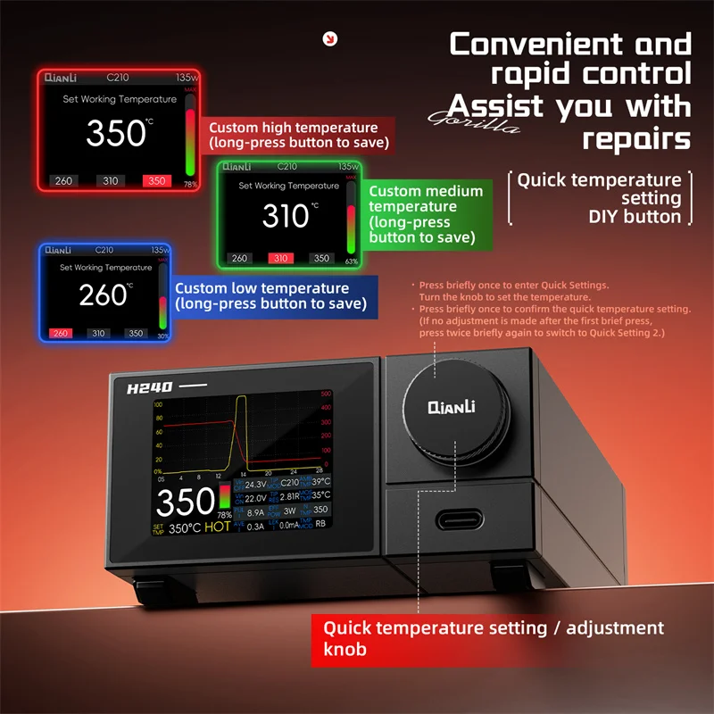 Паяльная станция QianLi H240, 240 Вт, высокомощная, с быстрым нагревом и автоматическим переходом в режим сна, для ремонта и пайки электроники
Паяльная станция QianLi H240, 240 Вт, высокомощная, с быстрым нагревом и автоматическим переходом в режим сна, для ремонта и пайки электроники