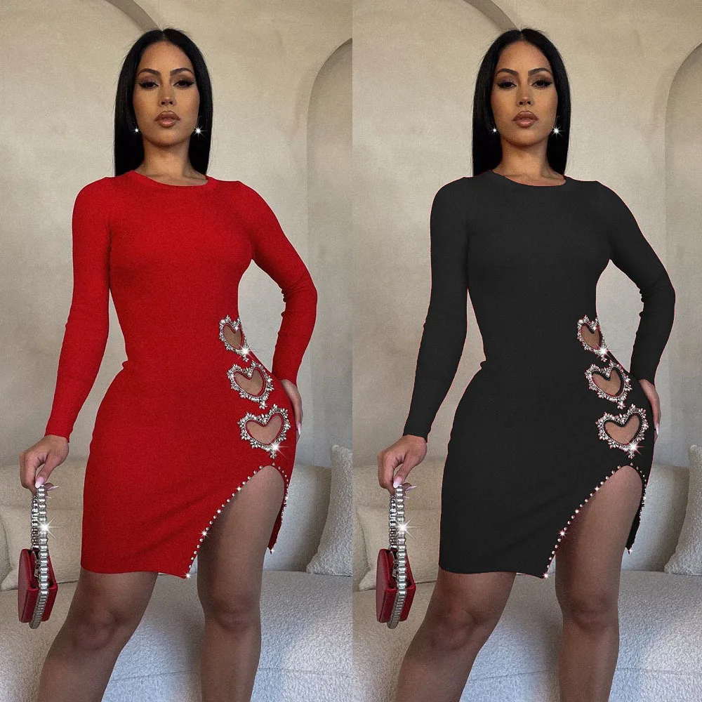 Women Dress Fashion Solid Color Round Neck Long Sleeve Heart Shape Rhinestone Slit Dress Sexy Hip Wrap Bodycon Club Party Dress
Women Dress Fashion Solid Color Round Neck Long Sleeve Heart Shape Rhinestone Slit Dress Sexy Hip Wrap Bodycon Club Party Dress