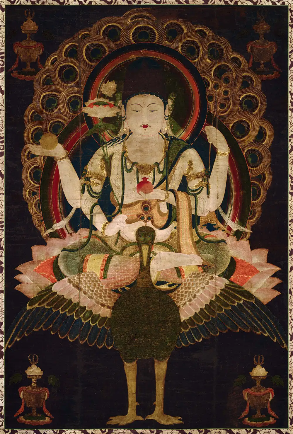 Mahamayuri Thangka (16th Century Old Version),Gandhanra Tibetan Buddhist Thangka Art,Giclee Printed and Hand Framed,47" × 32"
Mahamayuri Thangka (16th Century Old Version),Gandhanra Tibetan Buddhist Thangka Art,Giclee Printed and Hand Framed,47" × 32"
