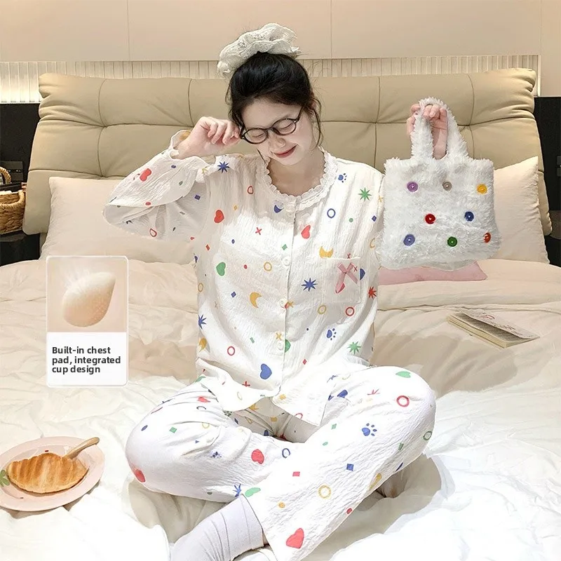 Korean Style Long Sleeve Print Set Home Clothes Women's Outerwear Spring Autumn Cloud Cotton Comfortable Breathable Sleepwear
Korean Style Long Sleeve Print Set Home Clothes Women's Outerwear Spring Autumn Cloud Cotton Comfortable Breathable Sleepwear