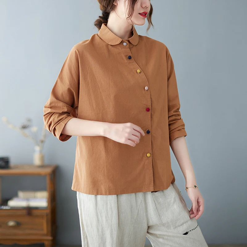 New Spring Autumn Women Turn-down Collar Long Sleeve Loose Blouse Fashion Slant Opening Colorful Buttons Cotton Linen Shirt
New Spring Autumn Women Turn-down Collar Long Sleeve Loose Blouse Fashion Slant Opening Colorful Buttons Cotton Linen Shirt
